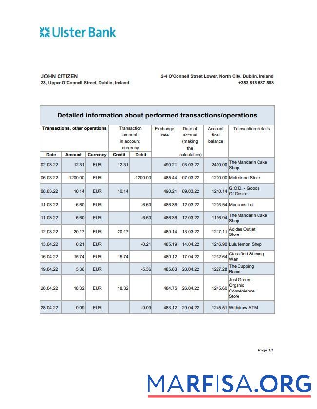 Downloadable Ireland Ulster bank statement excel download for verification